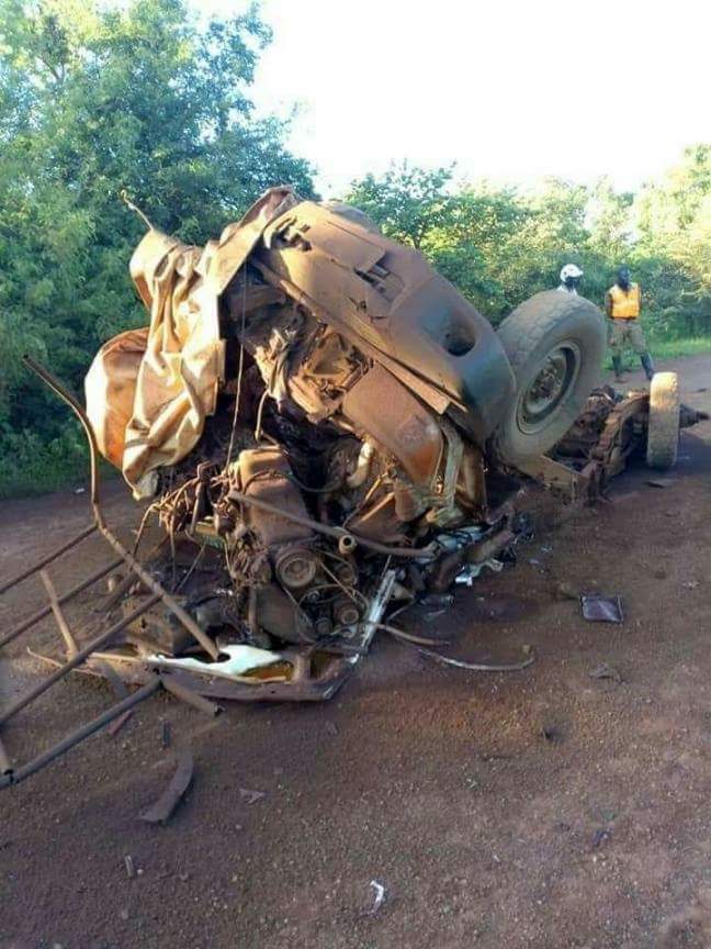 BurkinaFaso: The wreckage of the gendarmerie truck struck by IED and crater in the area of Nassougou, axis Ougarou-Boungou, Gourma   