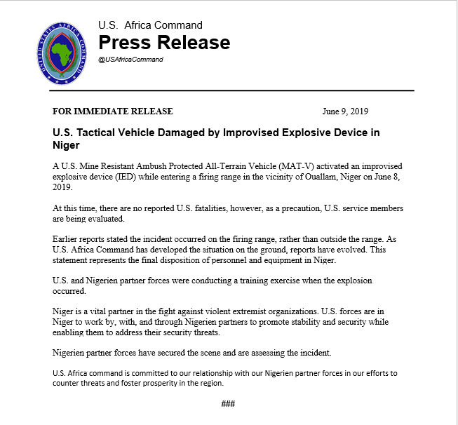 A US army vehicle hit an improvised explosive device as it entered a firing range during a training exercise near the town of Oullam, south-west Niger, the army says.   