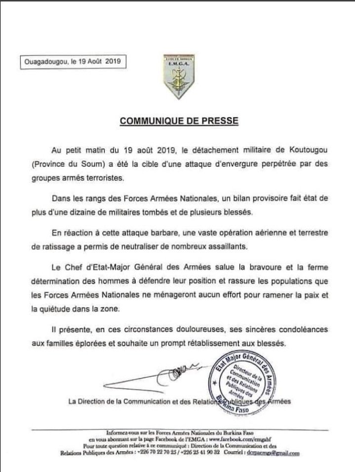 Attaque contre le détachement de Koutougou : le bilan pourrait s'élever à plus d'une vingtaine de morts côté fds. Selon une source militaire, une centaine d'hommes armés à moto et equipée d'armes lourdes aurait mené l'assaut lundi. Burkina lwili