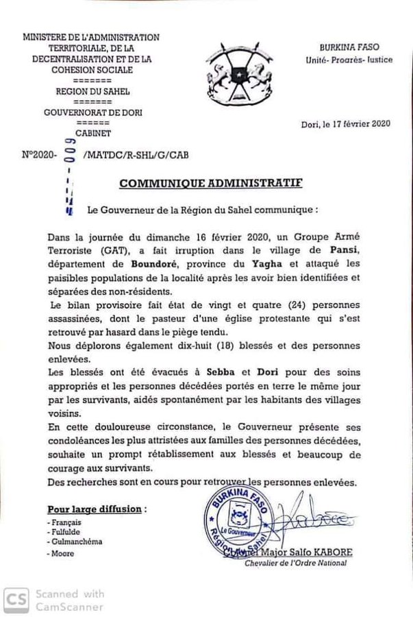 24 people have been killed and 18 wounded in an assault on a village church in northern Burkina Faso, the regional governor says, with a provisional toll indicating the local pastor was targeted