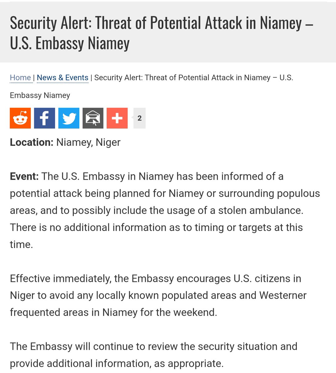 US Embassy in Niger warns of possible attack being planned for Niamey or surrounding areas potentially using a stolen ambulance