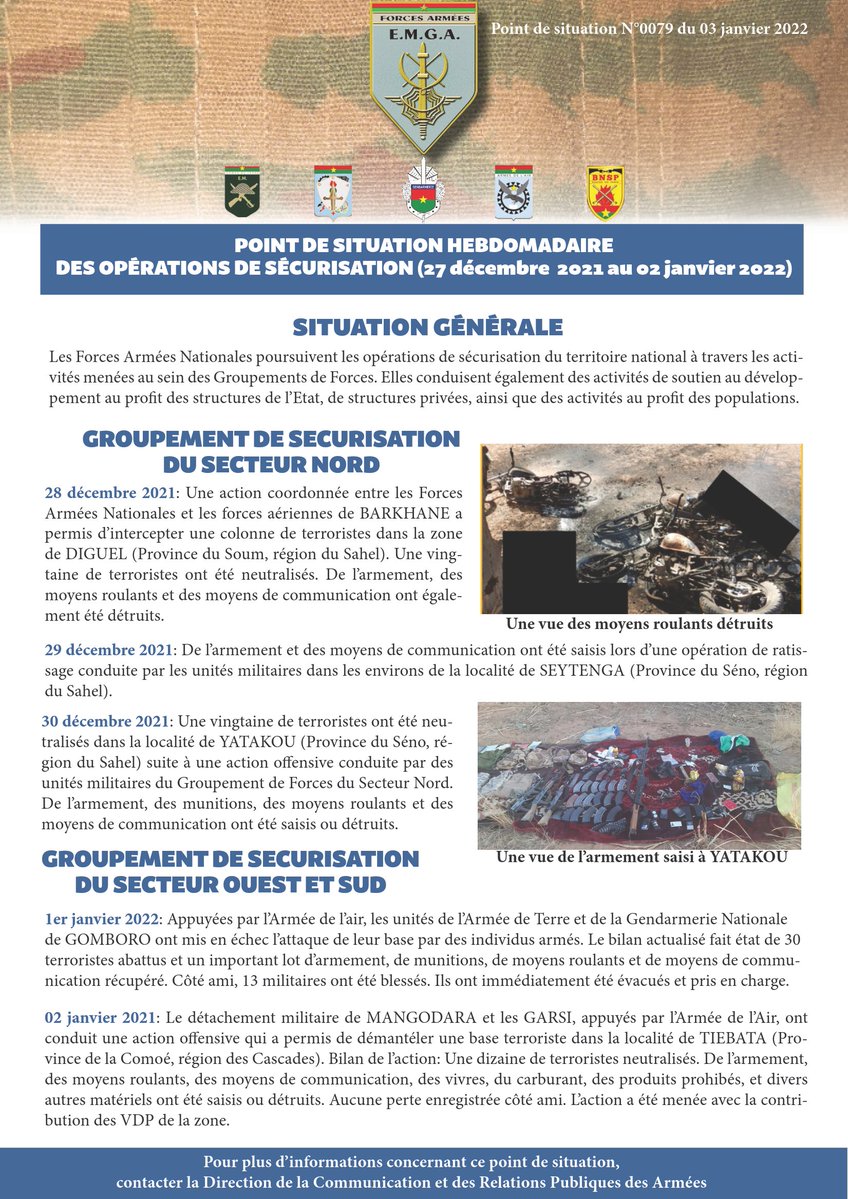 BurkinaFaso: Series of events in this week's EMGA sitrep - Barkhane airstrike in the area of Diguel - Arms seizure in Seytenga - 20 militants killed in Yattakou - 30 militants killed in Gomboro - 10 militants neutralized and base dismantled in Tiebata