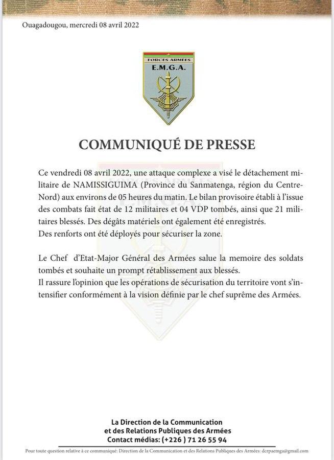 Burkina Faso : 12 militaires des forces armées and 4 représentants de la milice gouvernementale Volontaires pour la défense de la patrie ont été tués lors d'une attaque par des inconnus dans la province du Sanmatenga. Plus d'une vingtaine de personnes ont été blessées