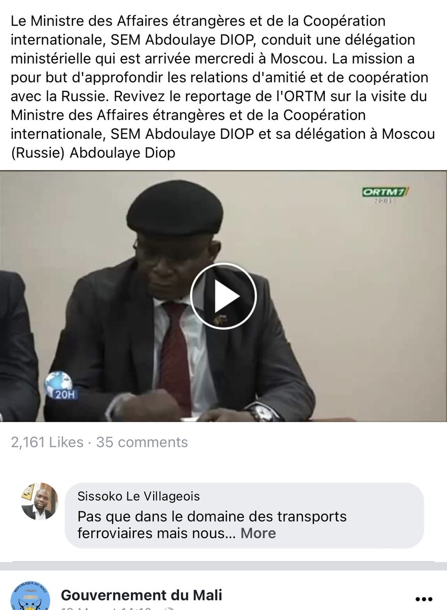 Mali's FM Abdoulaye Diop is on his way to Bamoko following his official visit to Moscow. Diop has thanked Russia for its efficiency in delivering weapons needed in the fight against insurgency, the Malian government's Facebook has reported