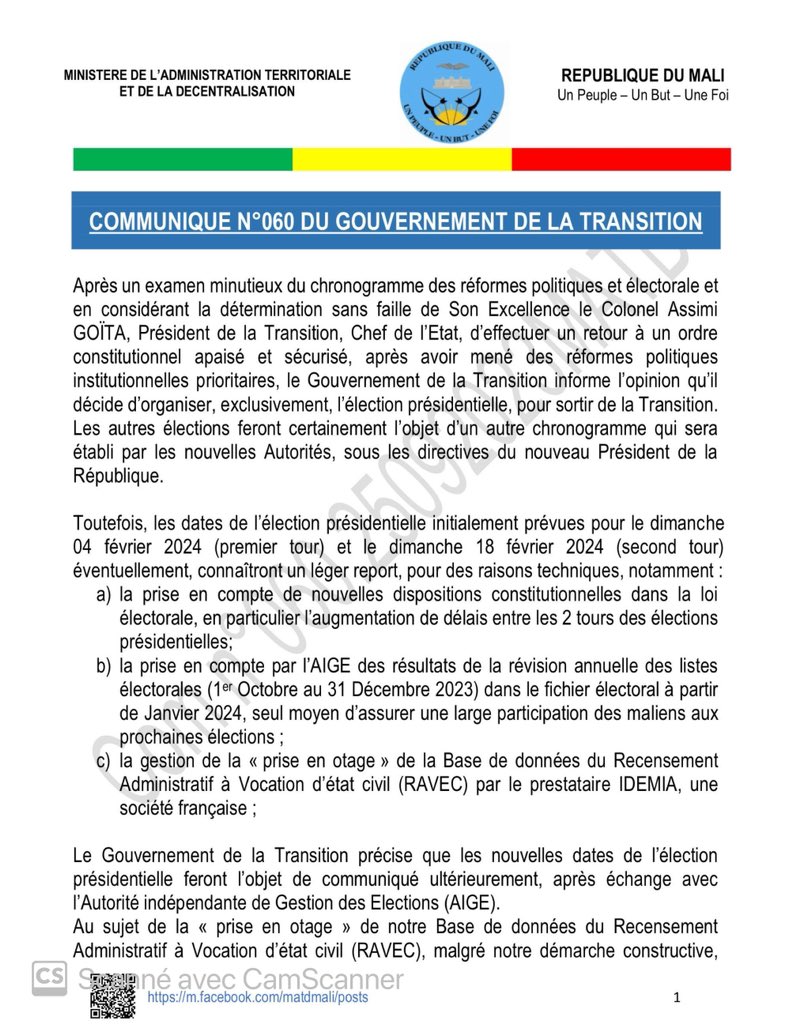 Mali's military junta postpones presidential elections due to take place in February 2024 for technical reasons; no new date yet set