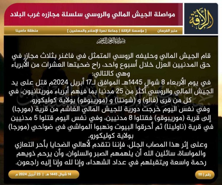 JNIM AQMI accuses the army and Wagner of new abuses in several localities of Koulikoro: 3 massacres on April 17, 38 civilians including from Mauritania  houses burned and livestock stolen