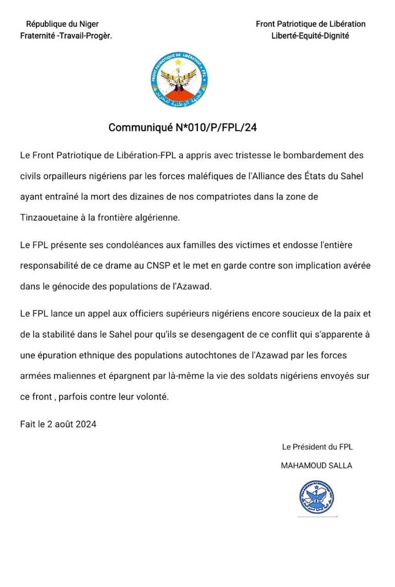 [Azawad] Die Patriotische Befreiungsfront (FPL) warnt die in Niamey an der Macht befindlichen Putschisten vor einer möglichen Einmischung in den Konflikt zwischen Azawad und Mali. Die Niger FPL warnt General Tiani vor einer Einmischung in den Konflikt zwischen Azawad und dem Staat Mali