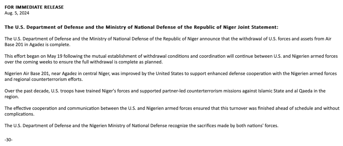 La retirada de Estados Unidos de Níger está completa, antes de lo previsto @USAfricaCommand dice que las fuerzas y activos estadounidenses han abandonado la Base Aérea 201 en Agadez. El Departamento de Defensa de Estados Unidos y el Ministerio de Defensa Nacional de Níger reconocen los sacrificios realizados por las fuerzas de ambas naciones.