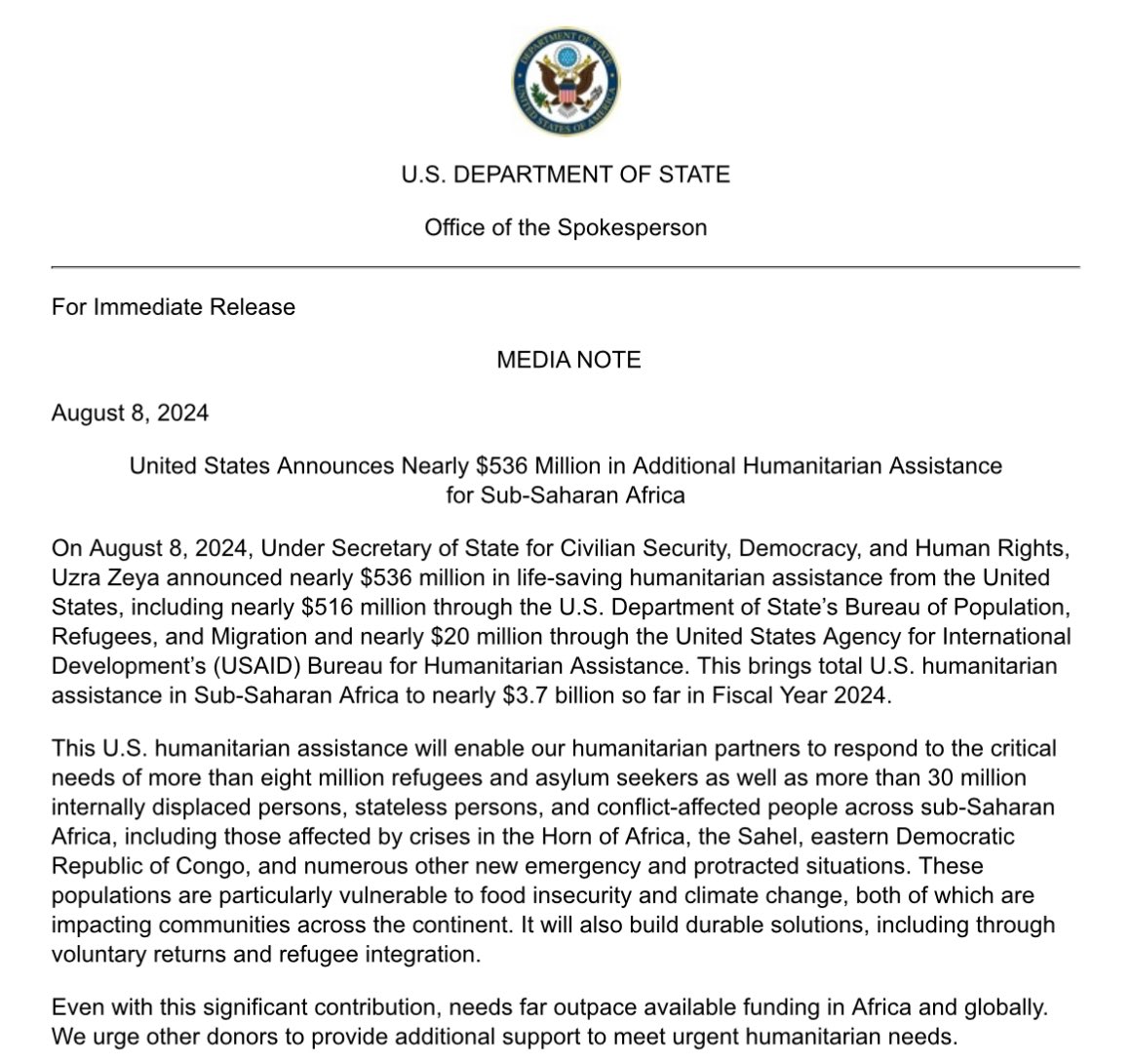 Estados Unidos anuncia casi 536 millones de dólares en asistencia humanitaria adicional para el África subsahariana