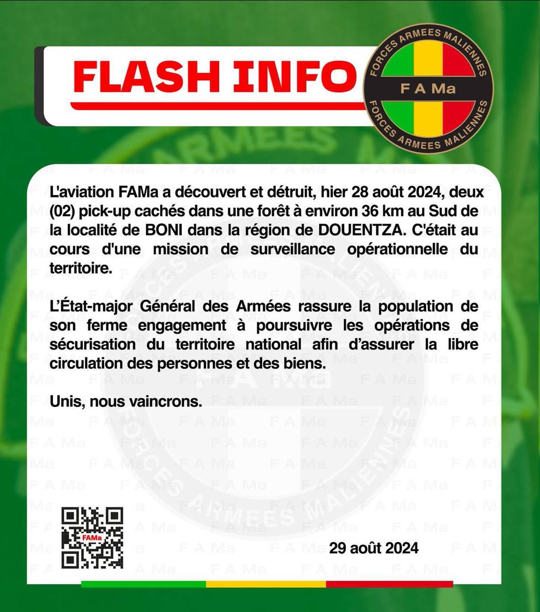 Mali: Boni'de dün ordu havacılığı tarafından iki pikap imha edildi