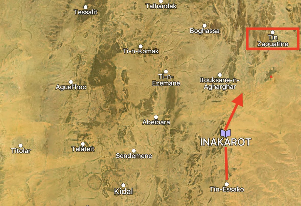 The FAMA/Wagner convoy is near Inakarot, about a hundred km from Tinzawaten. It has been delayed by logistical problems: lack of water, food and tires, forcing the abandonment of some vehicles. At this distance, a collision could occur today