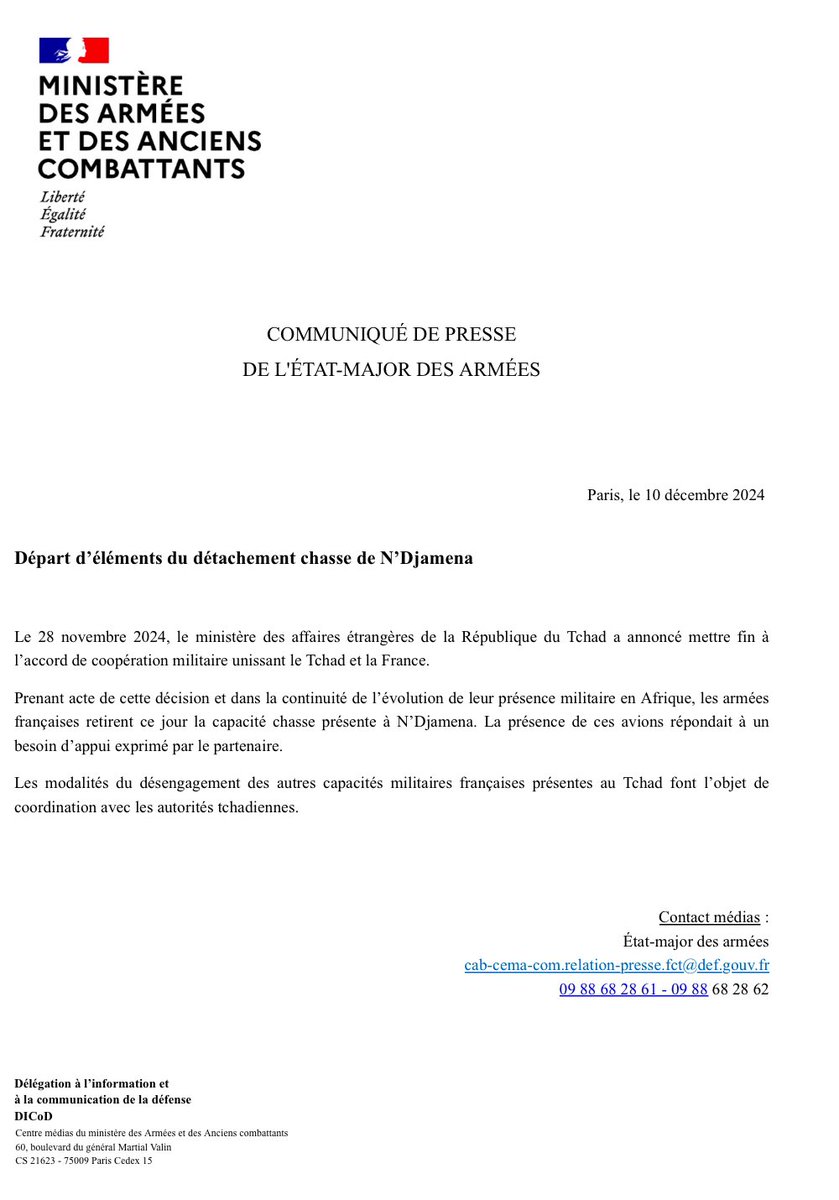 Today, 2 Mirage 2000Ds left the N'Djamena base to return to France. This marks the beginning of the French military disengagement and the evolution of cooperation between Chad and France.