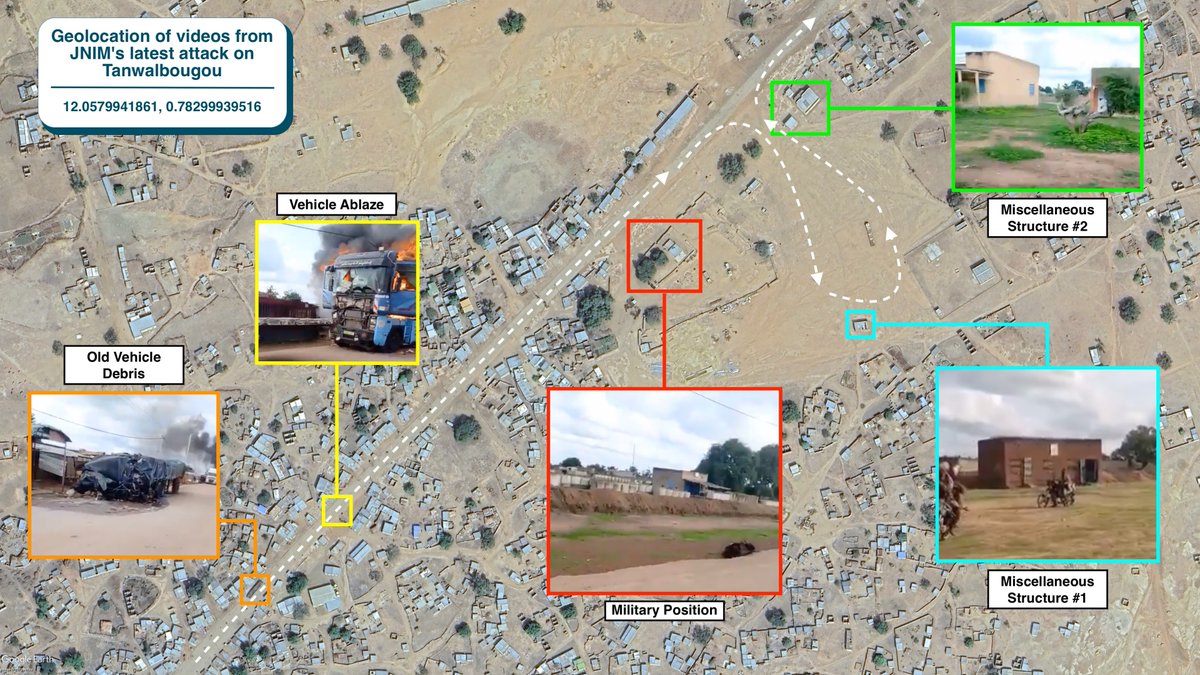 Geolocation of footage from JNIM's latest attack on Tanwalbougou:  units attacked Tanwalbougou (Fada N'Gourma department, Gourma province, Est region) yesterday (18/8), as shown in video 1. But today (19/8) militants are still there (videos 2-4), as the government has not yet deployed armed forces to the area