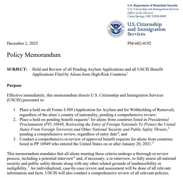 U.S. Citizenship and Immigration Services (USCIS) has announced that, effective immediately, they have halted immigration and naturalization processes for individuals originating from nineteen countries, with these including: Afghanistan, Burma, Burundi, Chad, Cuba, Equatorial Guinea, Eritrea, Haiti, Iran, Laos, Libya, Republic of the Congo, Sierra Leone, Somalia, Sudan, Togo, Turkmenistan, Venezuela, and Yemen
