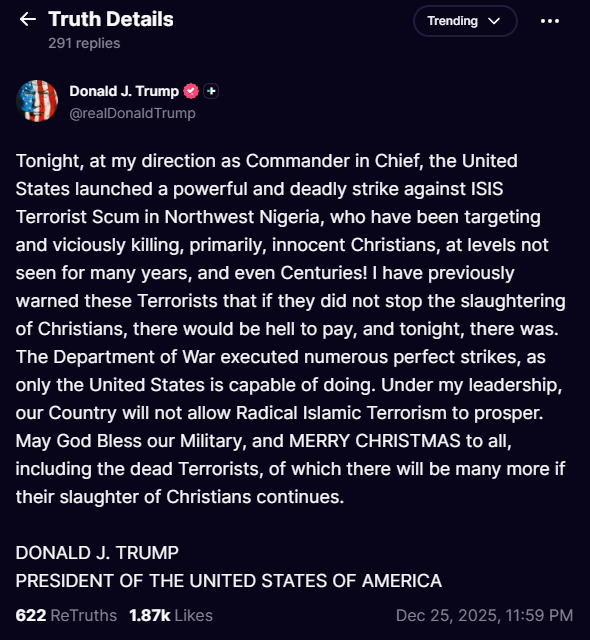 Trump annonce des frappes contre des cibles de l'EI au Nigéria