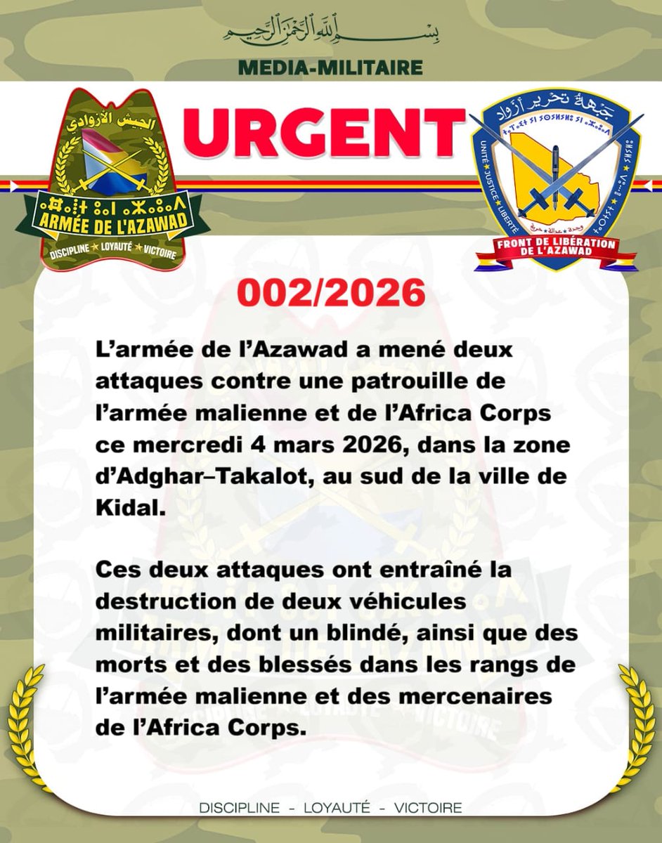 Kidal A pickup truck belonging to militias allied with Russian mercenaries was blown up, an armored vehicle was also completely destroyed, deaths and injuries reported in the two military vehicles displayed by the FLA rebels this evening in Takalot.