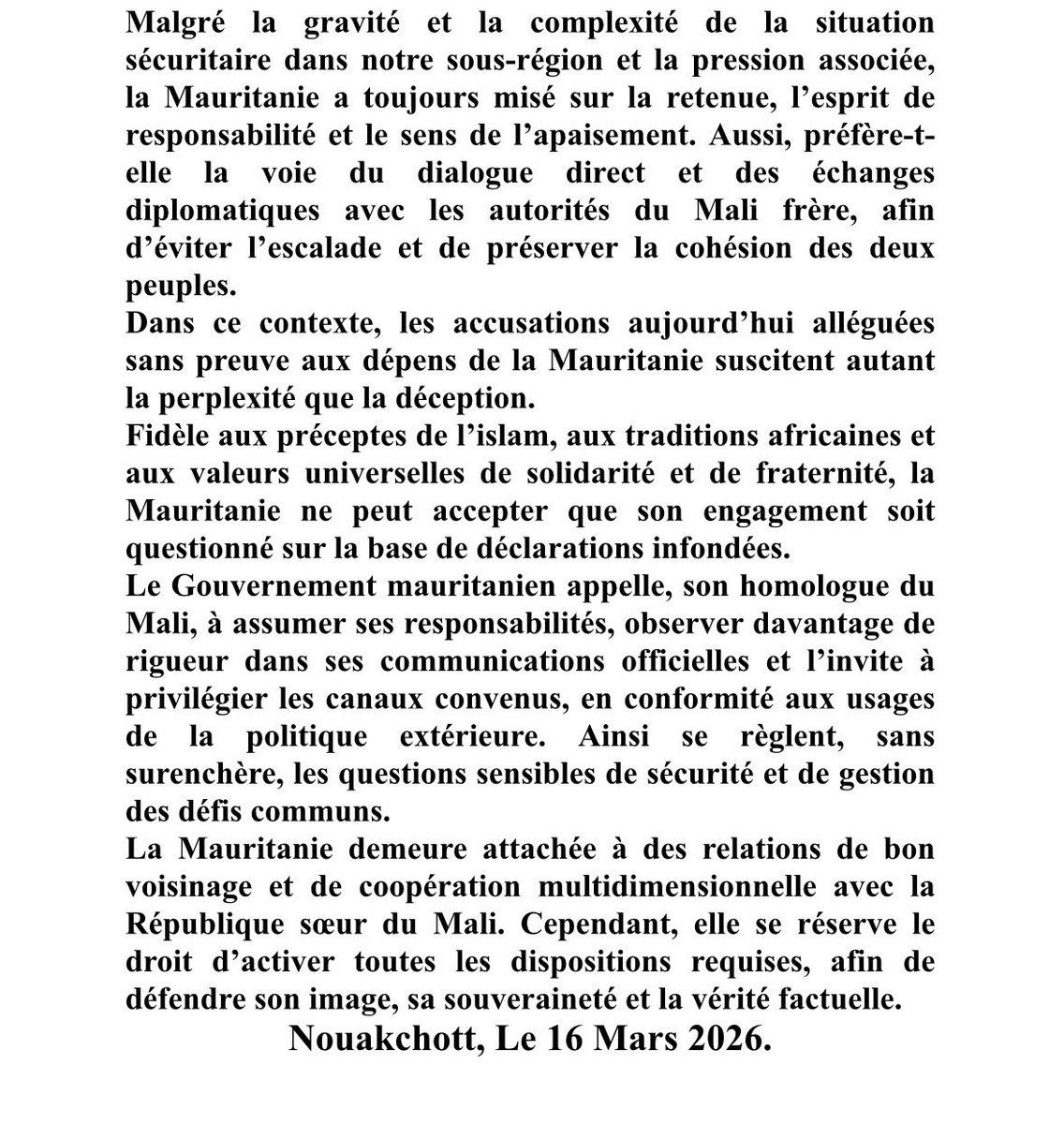Mauritania authorities denounce Bamako's accusations regarding the holding of Malian hostages by JNIM on Mauritanian territory