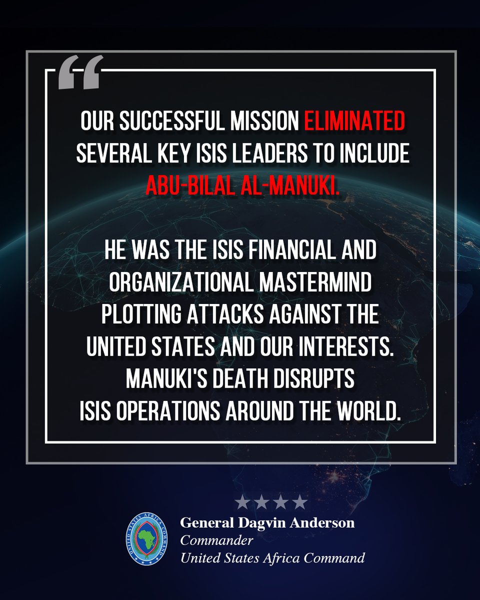 AFRICOM, in continued coordination with Nigeria, conducted operations against ISIS fighters in NE Nigeria. No U.S. or Nigerian forces were harmed. The targeted operations killed more than 200 militants, including Abu-Bilal al-Minuki