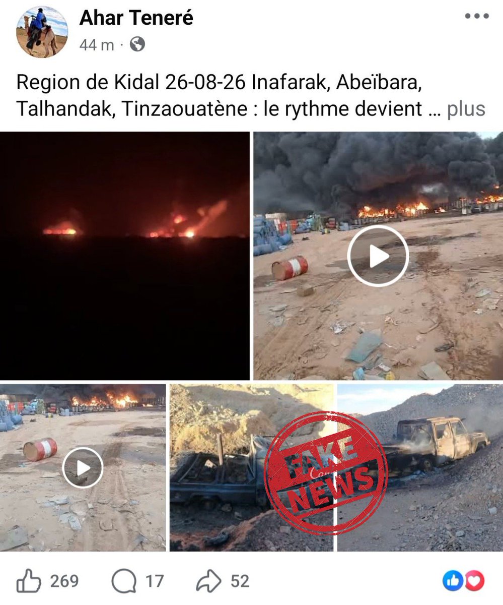 KIDAL: The Africa Corps conducted, using Shahed drones, airstrikes targeting a fuel depot in Inafaraq, in the Kidal region, around 3 a.m. on this August 26, 2026. These strikes caused significant material damage to the goods of local traders. According to local sources, no human or military losses have been reported in the ranks of the FLA or JNIM